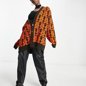 Vibrant Orange and Brown Bear Women's Cardigan